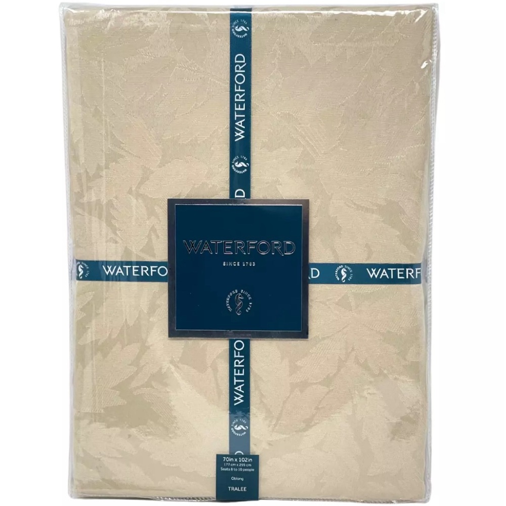 WATERFORD 70" x 102 " Tralee Leaves Designer Tablecloth Champagne Seats 8-10 NEW